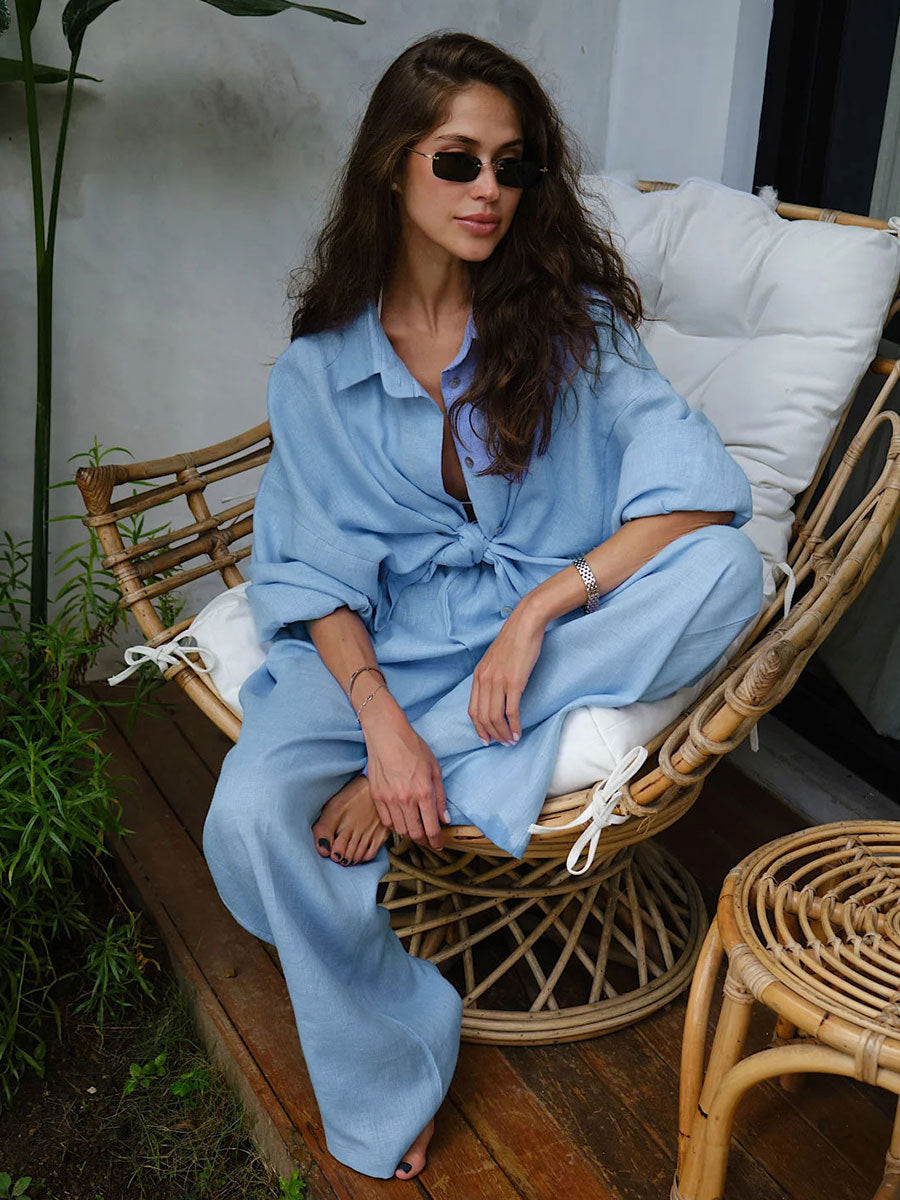 Cotton and Linen Shirt Drawstring Wide-leg Pants Set