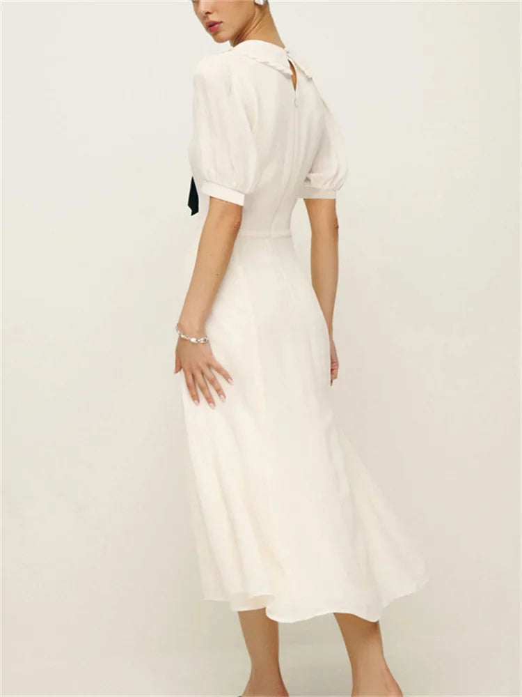 Ruffled White Long Dress ’s V-neck Lace-up Short Sleeve High Waist Patchwork Party Dress Maxi Dress