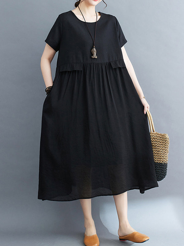 Loose Short Sleeves Gauze Color Split-joint Round-neck Midi Dresses