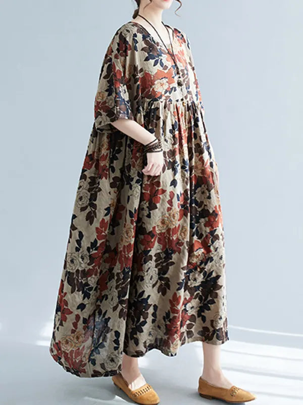 Loose Puff Sleeves Printed Round-neck Midi Dresses