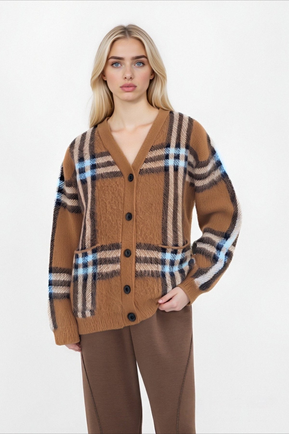 Plaid Retro Loose V Neck Knit Cardigan