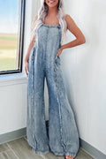 Washed Denim Raw Edge Elastic Waist Wide Leg Jumpsuit