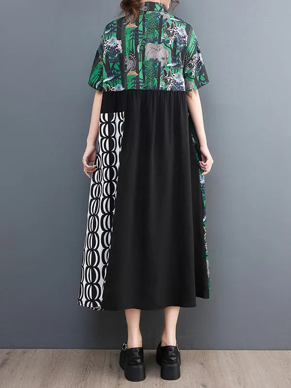 Short Sleeves Loose Printed Split-joint Lapel Midi Dresses Shirt Dress