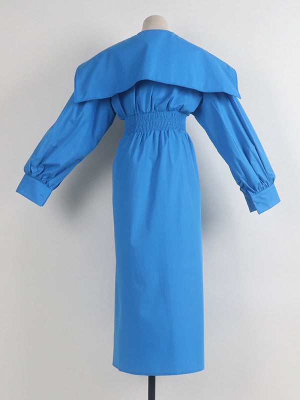 High Waisted Long Sleeves Asymmetric Belted Pleated Color Lapel Midi Dresses