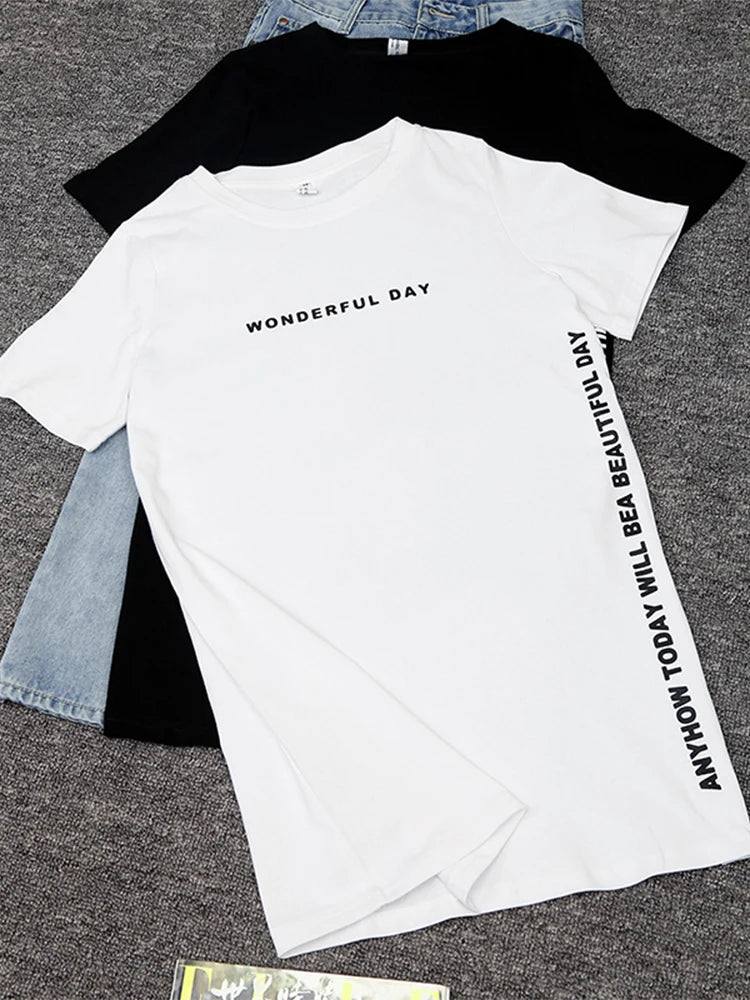 Wonderful Day Print Long T Shirts Summer Loose Slit Femme Tops Cotton Tshirt Short Sleeve T-shirt