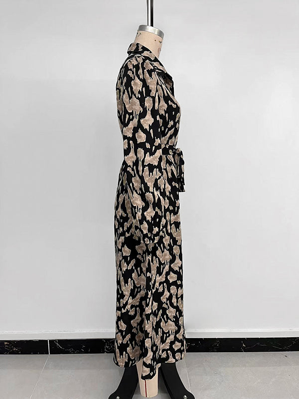 Long Sleeves Loose Printed Split-joint Tied Waist Lapel Midi Dresses Shirt Dress