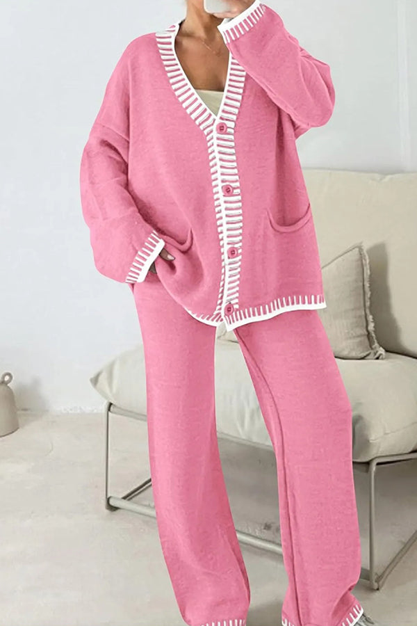 Knitted Long Sleeve Pocket Cardigan and Elastic Waist Loose Wide Leg Pants Set