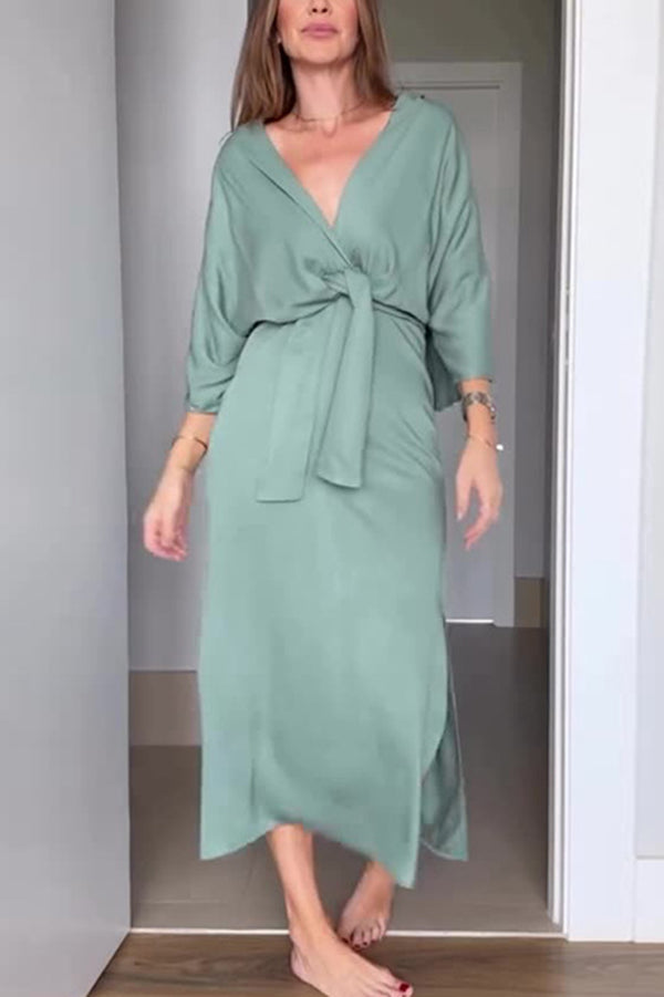 Color V-neck Half-sleeve Waist-tied Midi Dress