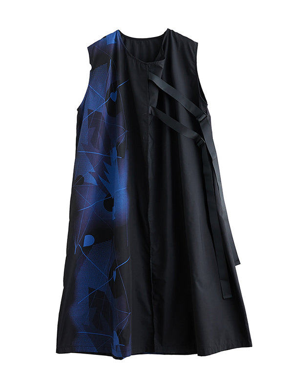 Loose Sleeveless Printed Round-neck Midi Dresses
