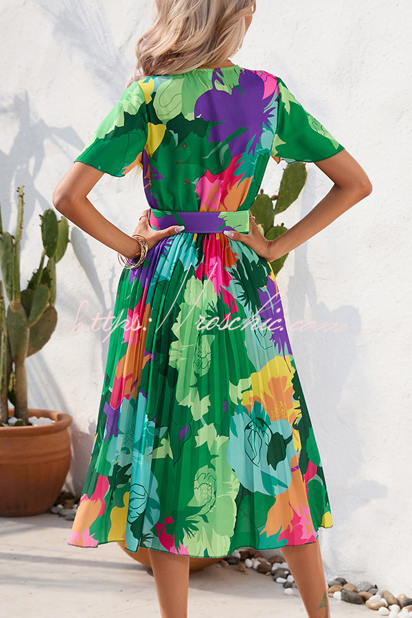 Paulette Contrast Print Belted Pleated Midi Dress