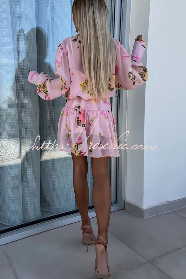 Sunset and Dreams Print Subtle Tuck Lantern Sleeve Belt Mini Dress