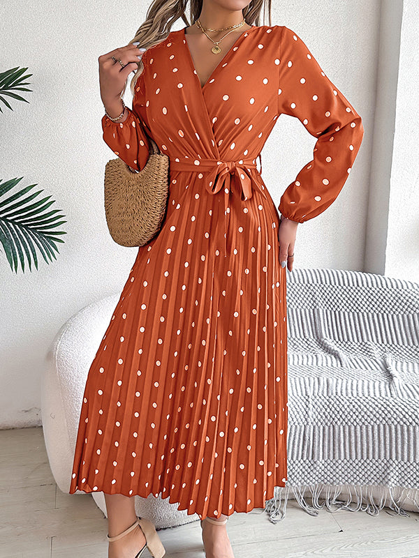 A-line High Waisted Elasticity Pleated Polka-dot Split-joint Tied Waist V-neck Midi Dresses Shirt Dress