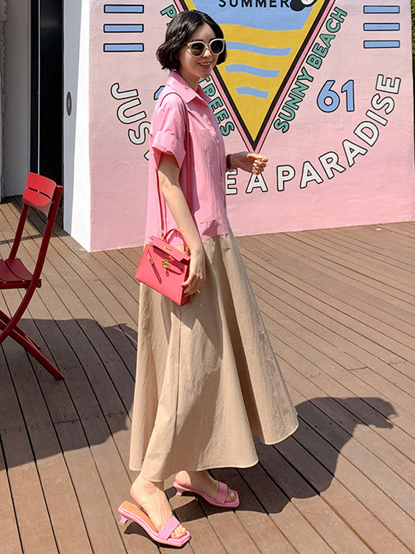Split-joint Lapel Buttoned Short Sleeves Midi Dress