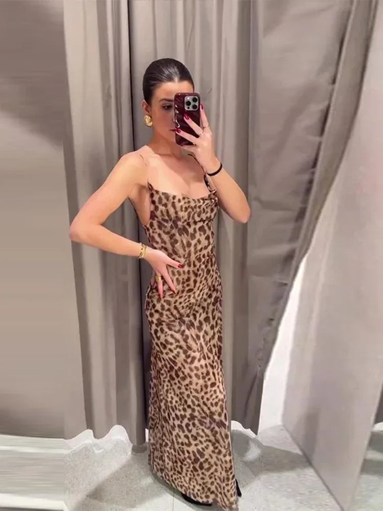New Leopard Print Sling Maxi Dress for Summer Backless Sleeveless Slip Long Dress Female Party Vestidos