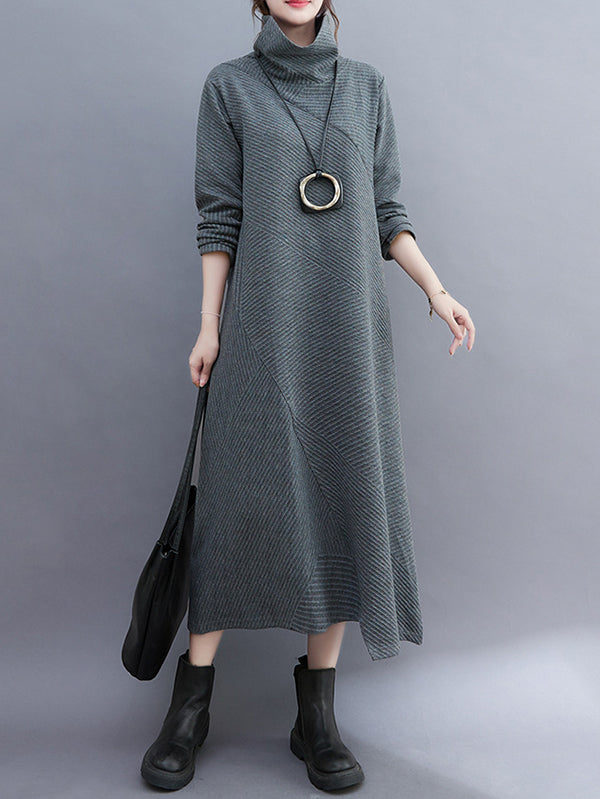 Irregularity Long Sleeves Color High-neck Midi Dresses