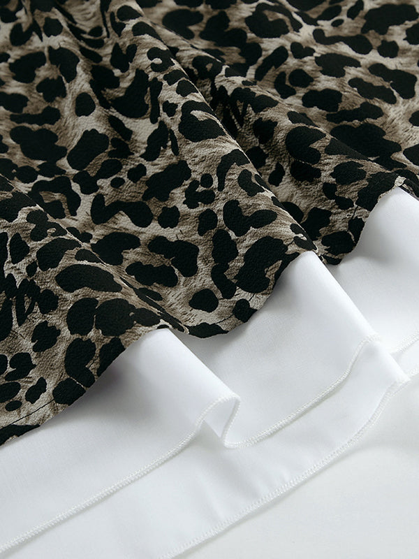 Puff Sleeves Contrast Color Falbala Leopard Split-joint Mini Dresses