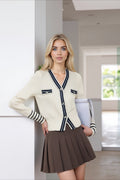 Colorblock Lace Trim V Neck Knit Cardigan