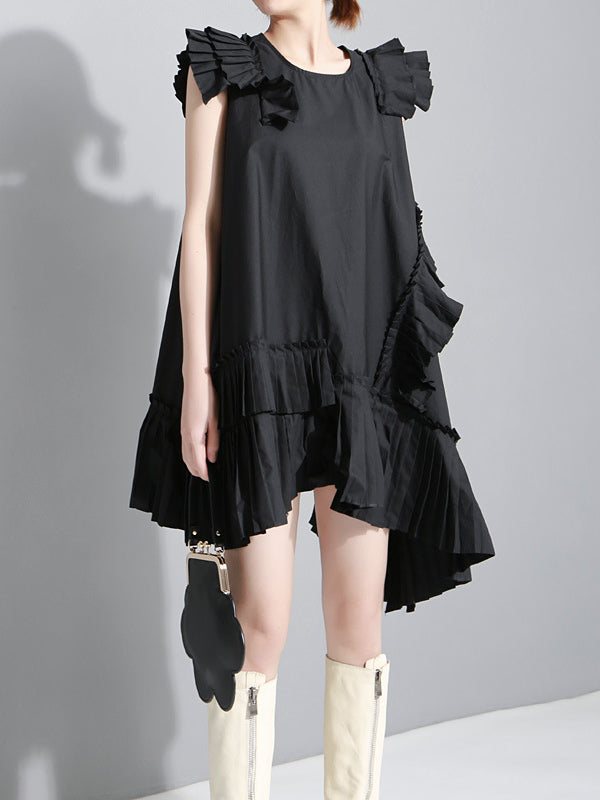 Flying Sleeves Loose Asymmetric Pleated Color Split-joint Round-neck Midi Dresses