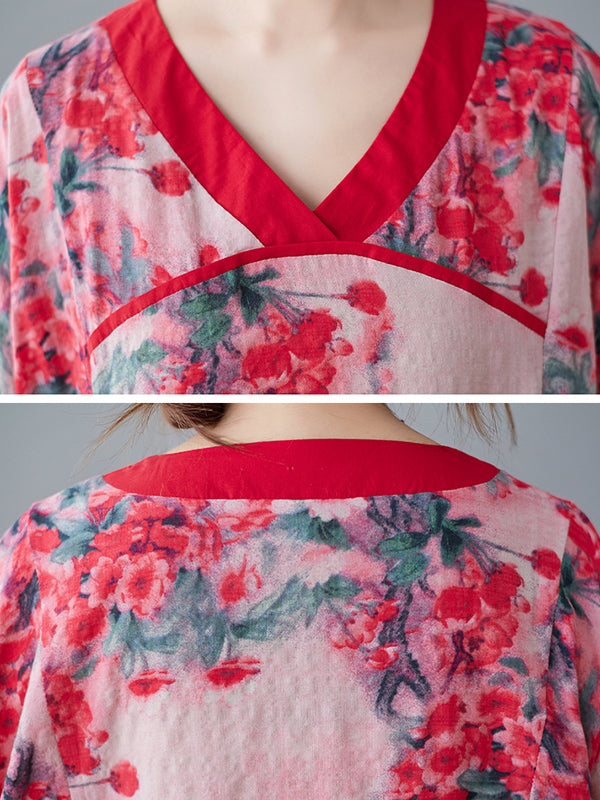 Loose Artistic Retro Printed Split-joint V-neck Midi Dress