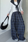 Retro Colorblock Plaid Straight Pants