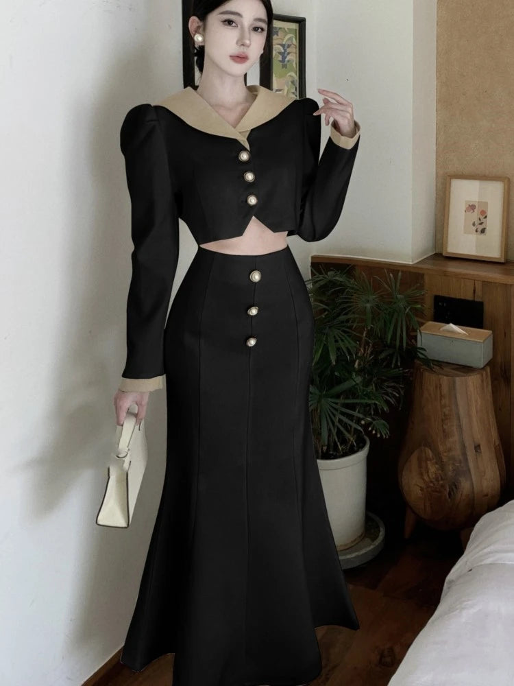 Two Piece Set Long Sleeves Short Coat + High Waist Mermaid Skirt Autumn Winter Korean Style Patchwork Outfit
