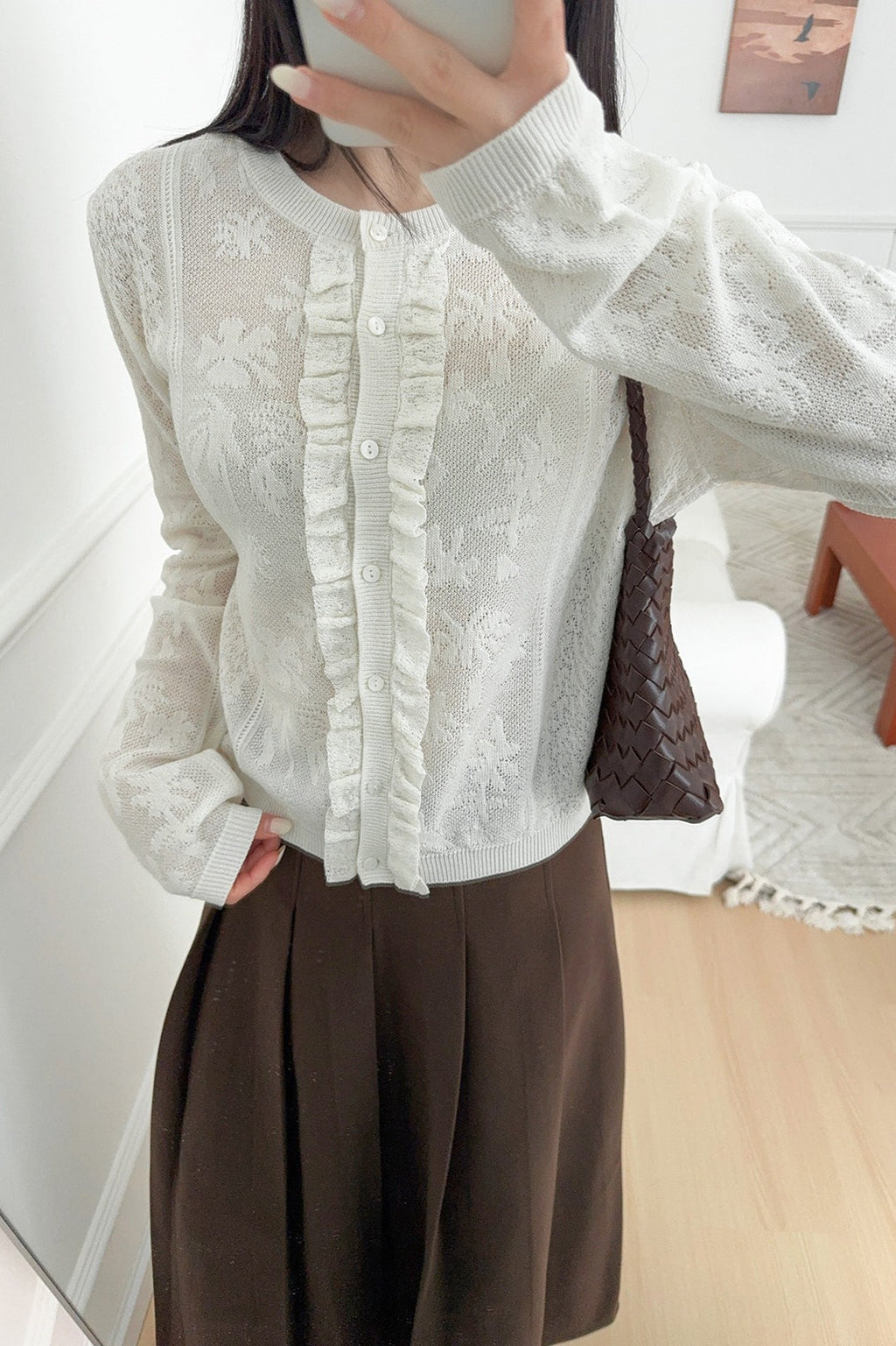 Soft-style Stand-collar Frog-button Lace Cutout Cardigan