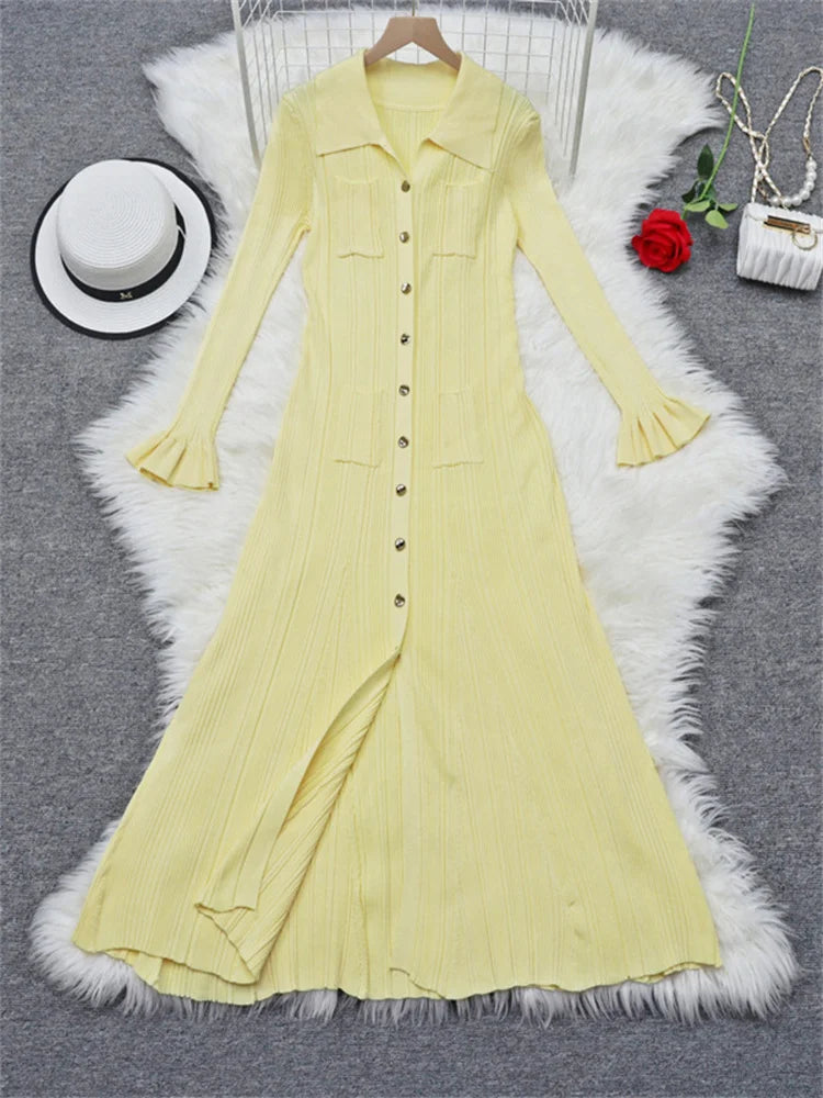 Ribbed Ruffled Knit Long Dress Female Pocket Cardigan Sweater Long Sleeve Party Dress ’s Knitwear Maxi Dress