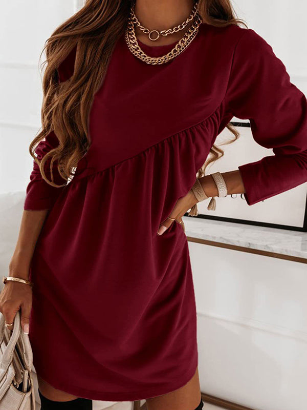Loose Long Sleeves Color Round-neck Mini Dresses