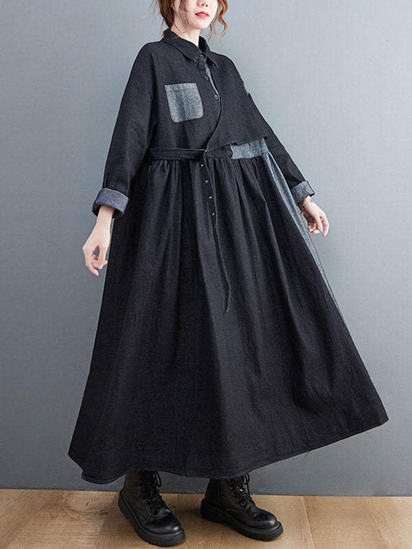 Original Loose Denim Split-joint Tied Lapel Collar Long Sleeves Midi Dress