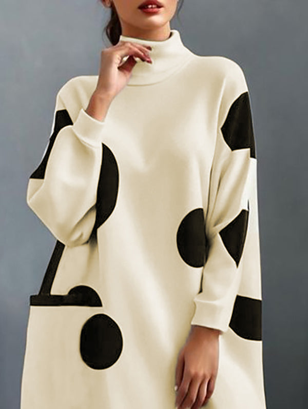 Long Sleeves Loose Pockets Polka-dot Mock Neck Midi Dresses