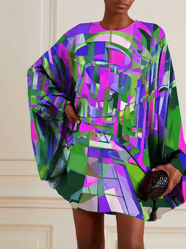 Batwing Sleeves Long Sleeves Buttoned Hollow Printed Round-neck Mini Dresses