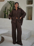 Cotton and Linen Shirt Drawstring Wide-leg Pants Set