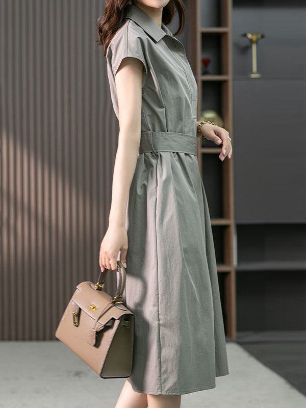 Short Sleeves Bandage Color Lapel Midi Dresses