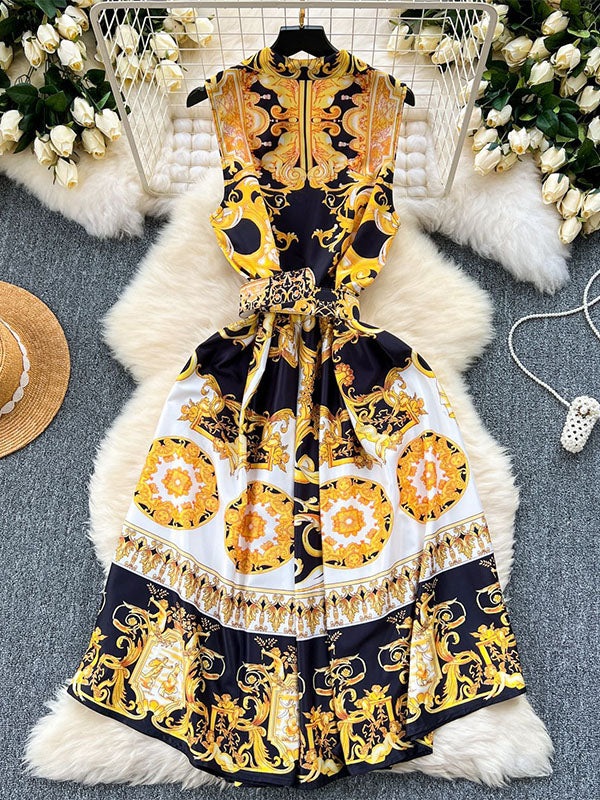 Sleeveless Belt Buckle Buttoned Contrast Color Printed Midi Dresses