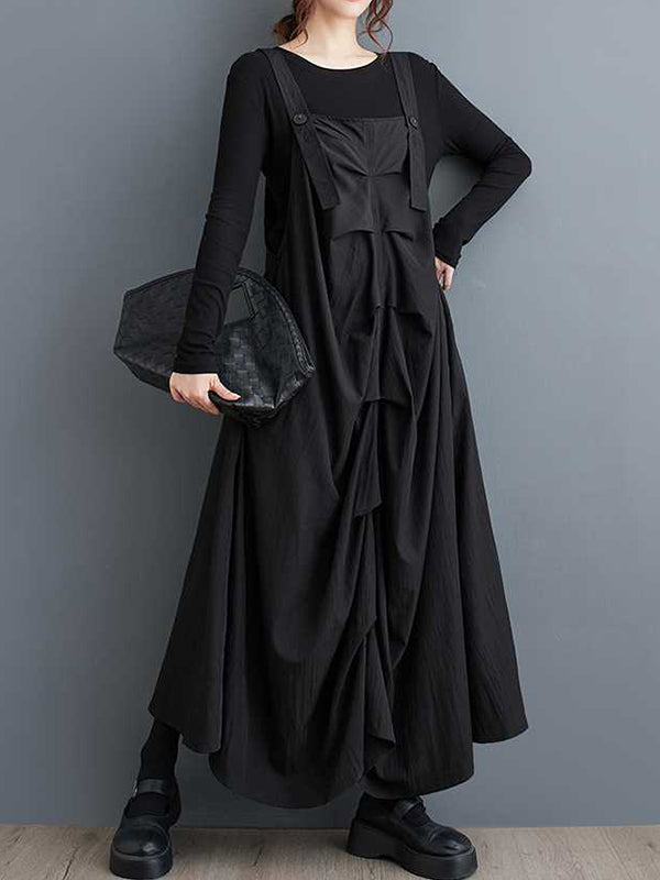 Design Black Square Neck Ruffle Pocket A-line Suspender Midi Dress Ws003