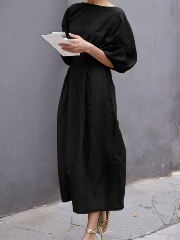 Half Sleeves Loose Color Round-neck Maxi Dresses Midi Dresses