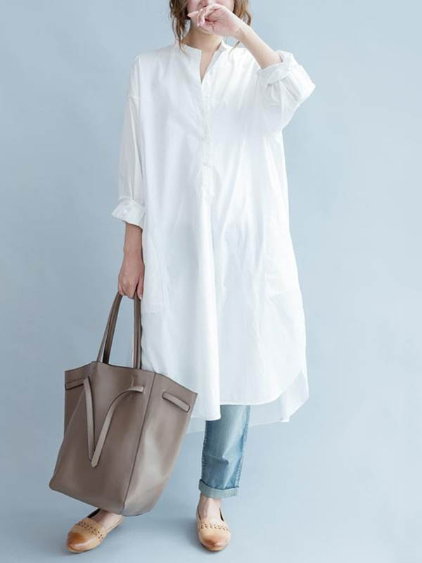 High-low Long Sleeves Buttoned Color Split-side Lapel Midi Dresses Shirt Dress