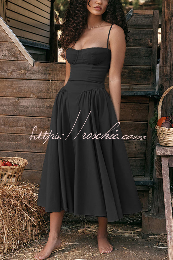 Color Slim Fit Suspender Pocket Midi Dress