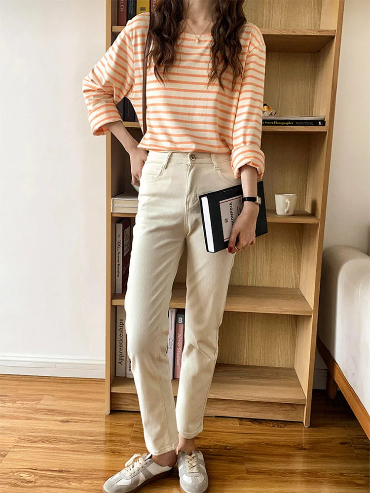 Korean Striped T-shirt Autumn Long Sleeve ’s Top Loose Cotton T-shirt Female Blue Orange S-xl