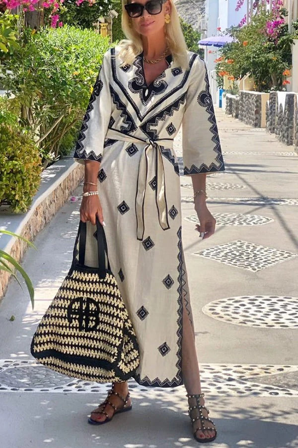 Quiet Atmosphere Linen Blend Print Belted Midi Dress