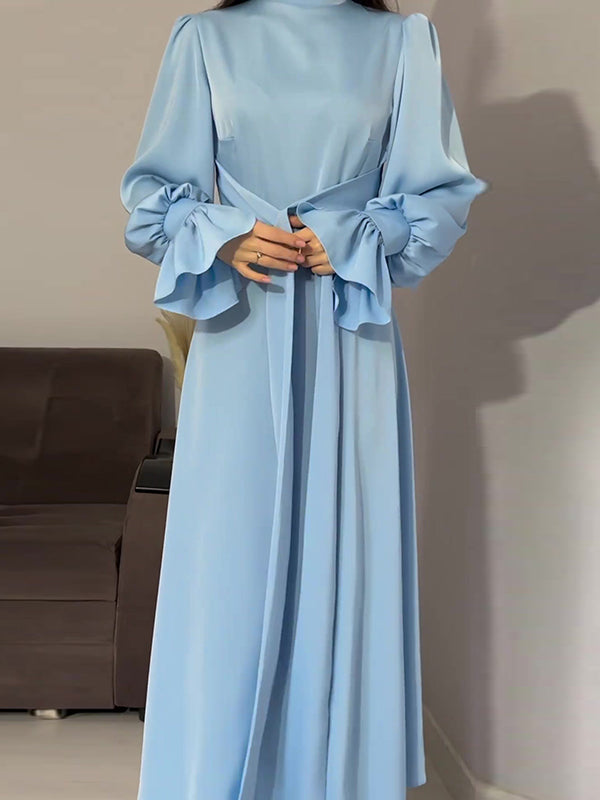 A-line Long Sleeves Pleated Color Tied Waist Zipper Mock Neck Maxi Dresses