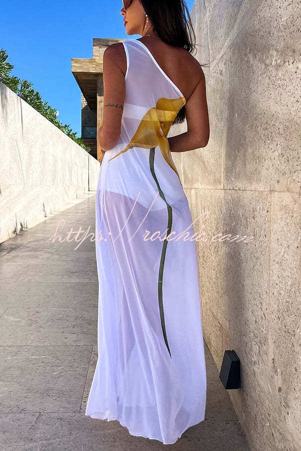 Dalia Tulle See Through Print One Shoulder Vacation Maxi Dress