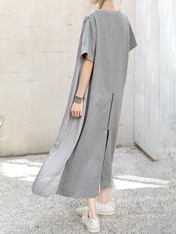 Loose Short Sleeves Pleated Color Split-joint Round-neck Midi Dresses