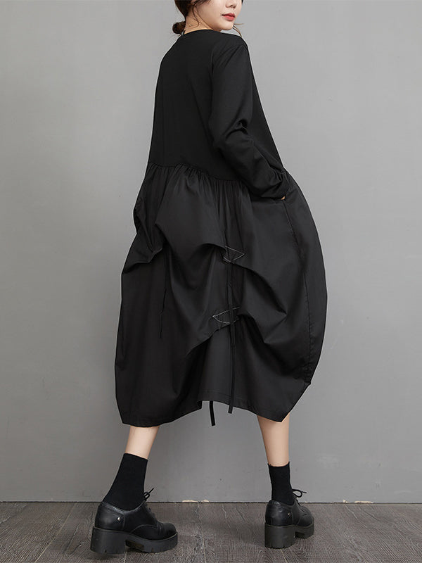 Long Sleeves Loose Split-joint Color Round-neck Midi Dresses