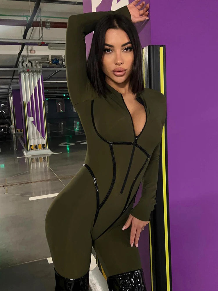 Zipper Jumpsuit Long Sleeve Bandage Tights Jumpsuits Female Party Bodycon Stretch Sporty & Leisure
