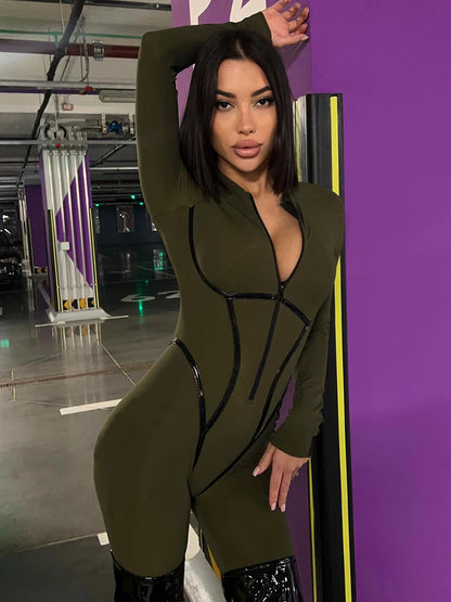 Zipper Jumpsuit Long Sleeve Bandage Tights Jumpsuits Female Party Bodycon Stretch Sporty & Leisure