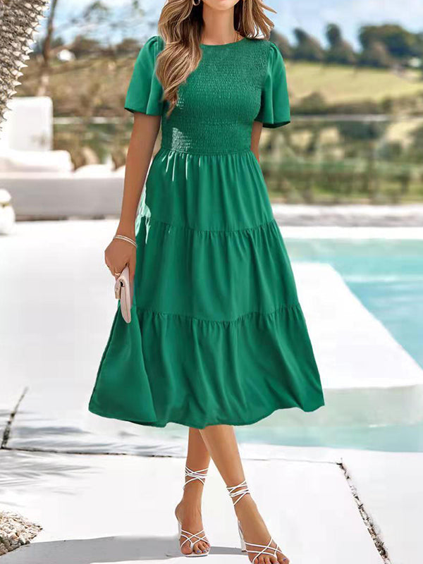High Waisted Loose Elasticity Pleated Color Split-joint Round-neck Midi Dresses