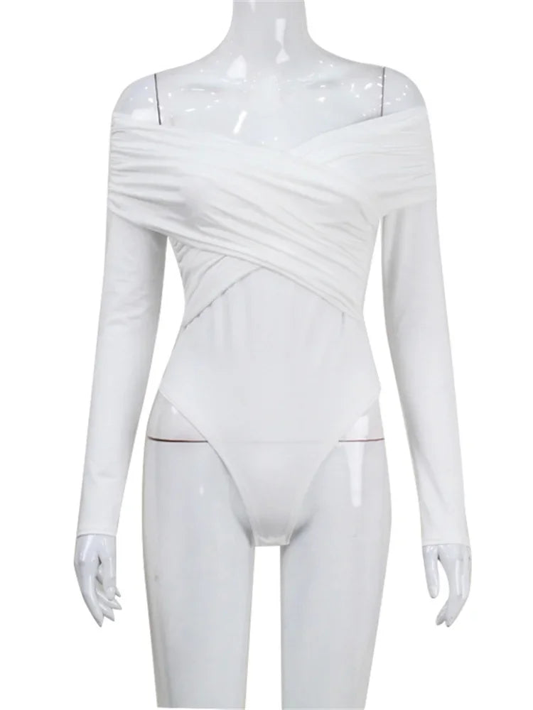 White See-through Patchwork Jumpsuit for Pleated Slim High Waist Long Sleeve Off-shoulder Rompers