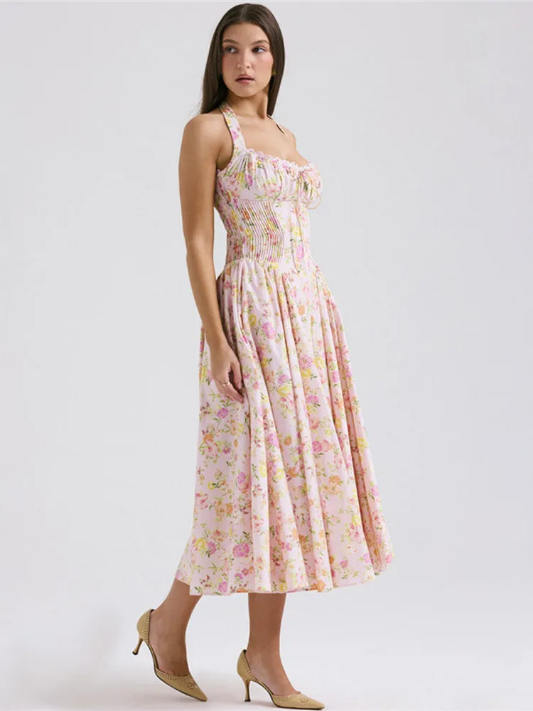 Print A-line Midi Dress for Halter Sleeveless Backless Loose Printed Long Dress New