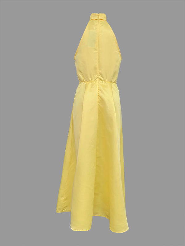 A-line Loose Belted Pleated Pockets Color V-neck Midi Dresses